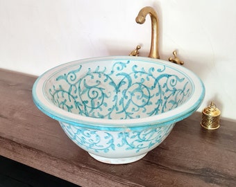 Drop In or Undermount Bohemian Bathroom Sink - Handpainted Ceramic Bathroom Vessel - Antique Bathroom Decor - Mid Century Bathroom Sink