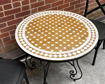 Gold and White Handmade Coffee Table For Outdoor & Indoor - Dining Round Mosaic Table