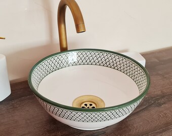 Minimalist White Ceramic Bathroom Sink - Fish Scales Design Green And White Vanity Round Sink - Bathroom Decor - Solid Brass Drain Cap GIFT