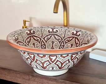 Beige & Brown Freehand Unique Design Bathroom Sink - Bathroom Washbasin Vessel - Pick Your Own Colors - Bathroom Decor - GIFT Idea