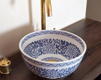 Blue & White Bathroom Wash Basin - Bathroom Vessel Sink - Countertop Basin - Mediterranean Bowl Sink Lavatory - Solid Brass Drain Cap Gift