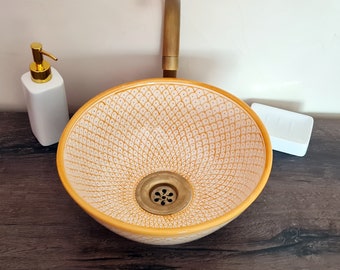 Mustard Mid Century Modern Bathroom Sink - Ceramic Washbasin - Mediterranean Boho Basin + Handcrafted Solid Brass Drain Cap & Soap Container