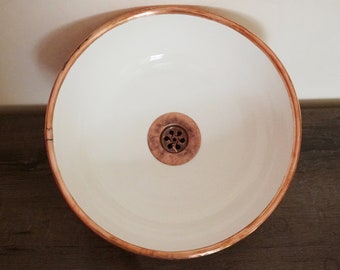 Minimalist Copper Trimed Bathroom Sink - Solid Copper RIM Bathroom Vanity Sink - Handcrafted White Ceramic Bath Basin - Copper Age With Time