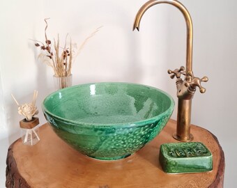 Rustic Green Farmhouse Sink - Handmade Green Vessel Sink - Modern Bathroom Functional Art