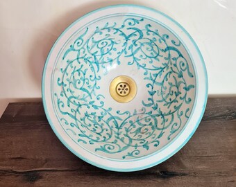 Drop In or Undermount Bohemian Bathroom Sink - Handpainted Ceramic Bathroom Vessel - Antique Bathroom Decor - Mid Century Bathroom Sink