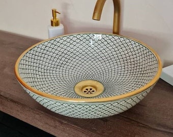 Dark Green 14 Karat Gold Ceramic Bathroom Vessel - CUSTOMIZABLE 14k Gold Rim Bathroom Sink - Countertop Handmade Basin - Fish Scales Design