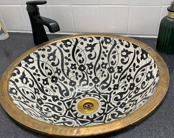 Unlaquered Drop In or Undermount Brass Rim Bathroom Sink - Brass & Ceramic Bathroom Vessel - Antique Bathroom Decor, Mid Century Modern