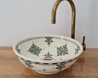 Green & White Bathroom Wash Basin - Bathroom Vessel Sink - Countertop Basin - Mediterranean Bowl Sink Lavatory - Solid Brass Drain Cap Gift