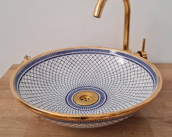 CLEARANCE! 14 Karat Gold & Fez Blue Washbasin Ceramic Bathroom Vessel - 14k Gold Rim Bathroom Sink - Guest's Room Vanity Vessel Sink