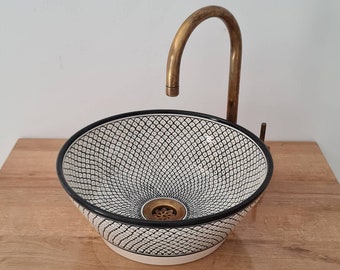 Bathroom Vessel Sink - Bathroom WashBasin -  Countertop Basin - Mid Century Modern Bowl Sink Lavatory - Solid Brass Drain Cap - Fish Scales