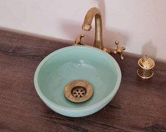 Plain Mint green minimalist Sink - Mid century Modern Washbasin - Bathroom Sink - Handmade Ceramic Sink - Solid Brass Drain Cap GIFT
