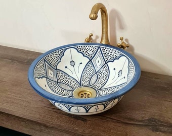 Drop In or Undermount Blue & White Bathroom Sink - Handpainted Ceramic Bathroom Vessel - Antique Bathroom Decor - Mid Century Bathroom Sink