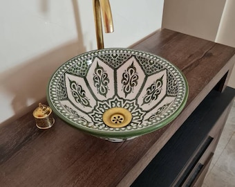 Drop In or Undermount Green & White Bathroom Sink - Handpainted Ceramic Bathroom Vessel - Antique Bathroom Decor - Mid Century Bathroom Sink