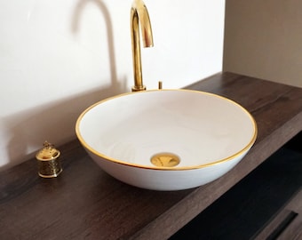 14 Karat Gold Minimalist Washbasin Ceramic Bathroom Vessel - CUSTOMIZABLE 14k Gold Rim Bathroom Sink - Guest's Room Vanity Vessel Sink