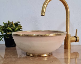 Raw Clay Farmhouse Solid Brass Rimmed Bathroom Vessel Sink- Mid-Century Modern Vanity Sink + Gift