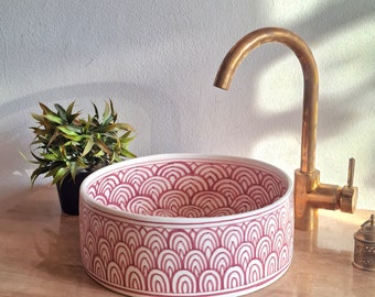 Lavabo de baño rosado - Lavabo de recipiente de baño - Lavabo de encimera - Lavabo de fregadero de tazón moderno de mediados de siglo - Regalo de tapa de drenaje de latón macizo