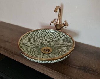 Handcrafted Farmhouse KHDER Basin - Mid-Century Modern Vanity Sink - Brushed Solid Brass Rimed - Fish Scales Minimalist Design Sink + Gift