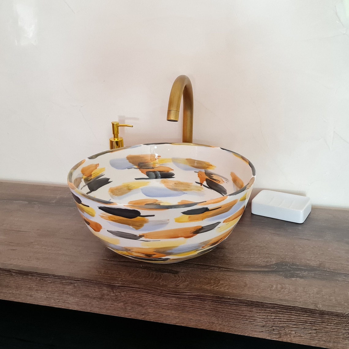 Minimalist Handpainted Ceramic Vessel Sink Handmade Bowl Etsy