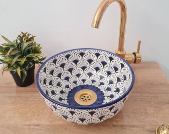 Mid Century Modern Bathroom Sink - Ceramic Washbasin - Sunflower Hand Painted Boho Basin + Solid Brass Drain Cap - Bathroom Decor Improving