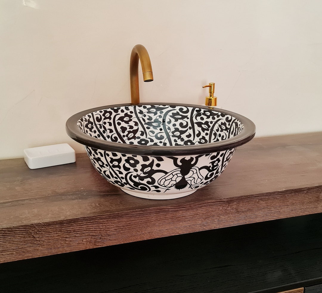 CUSTOMIZABLE Black & White Ceramic Vessel / Drop in Sink Etsy