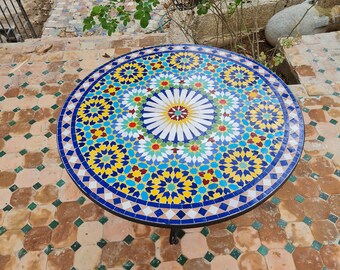 Handmade Outdoor Coffee Table - Complicated Mosaic Pattern Table - Bistro Mosaic Table - Zellige Mosaic Table - Handmade Mosaic Art