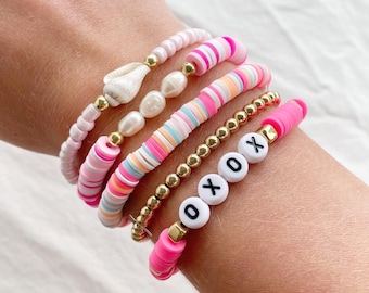 JIASHUYEYE Set di braccialetti preppy colorati Heishi Surfer Happy Smile Evil Eye Braccialetti elasticizzati con perline in argilla impilabili Boho Disc Bracciali Y2K Kidcore Estetico Estetico