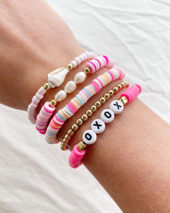 Pink Clay Bead Bracelet | Gold Beads | Heishi Bead Bracelet | 6mm Heishi Beads | Preppy Bracelets | 6mm Clay Beads | Minimalist Jewelry