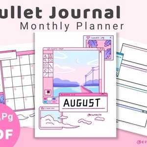 Bullet Journal Monthly Planner Undated| Printable/Digital download template| Aesthetic pastel vaporwave, cute computer windows theme UPDATED