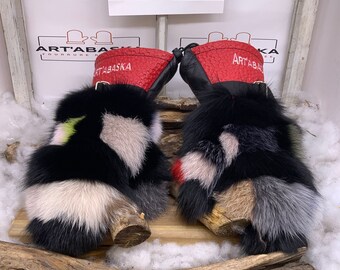 Recycled and remodeled fur and leather mittens. Anne-Marie. Size Medium