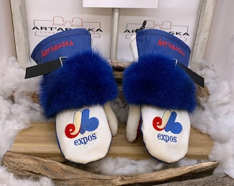 Recycled leather and fur mittens, Montreal Expos edition. The Jeanine. Size Large