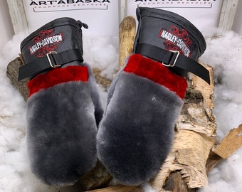 Harley-Davidson Edition Recycled Leather and Fur Mittens Les Gilberte Grandeur Large