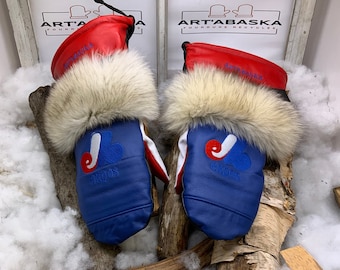Augustine Mittens Large recycled leather blue white red special edition Expos handcrafted embroidery handmade Quebec unique piece