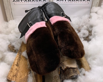 Recycled fur and leather mittens. Sophie. Size Large