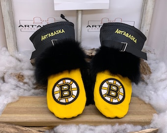 Boston Bruins Edition Recycled Leather and Fur Mittens Les Irène Grandeur Large