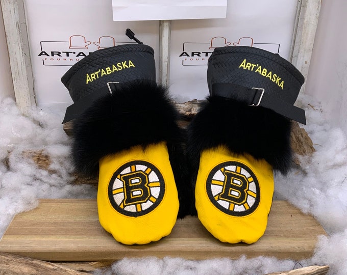 Les Irène Boston Bruins Edition Recycled Leather and Fur Mittens Size Large