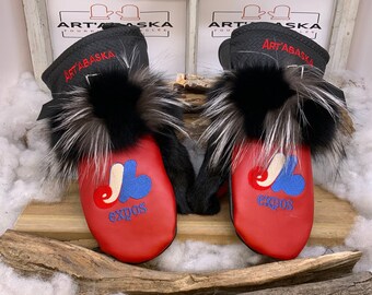 Recycled leather and fur mittens, Montreal Expos edition. Les Danielle. Size Large