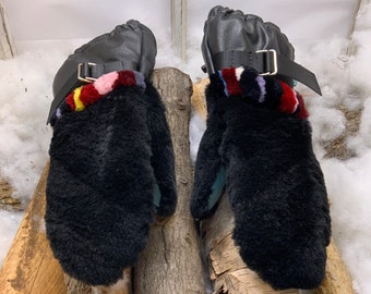 Fur and recycled leather mittens. The Réjanes. Size Small-Small.