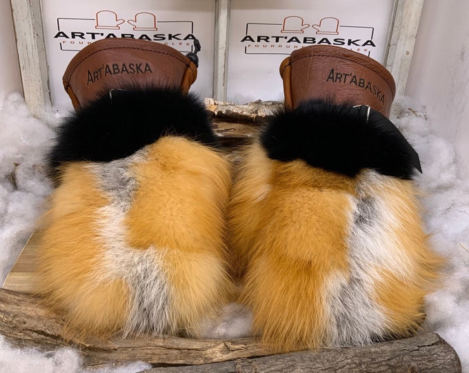 Recycled and remodeled fur and leather mittens. The Françoises. Size Large