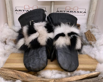 Recycled and remodeled fur and leather mittens, Les Antoinette. Size Large