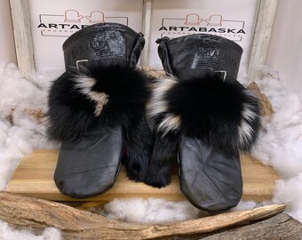 Recycled and remodeled fur and leather mittens, Les Irène. Size Large