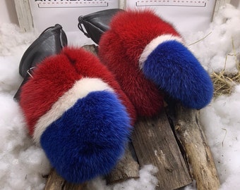 Marie-Danielle Medium recycled leather and fur mittens