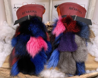 Odette Mittens Large special edition patchwork fox fur dyed burnt orange leather red wine black handmade 9:30 p.m. Quebec unique