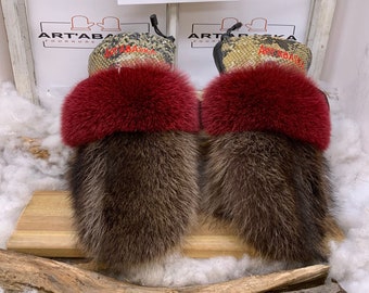 Recycled fur and leather mittens, Les Jacqueline. Size Large