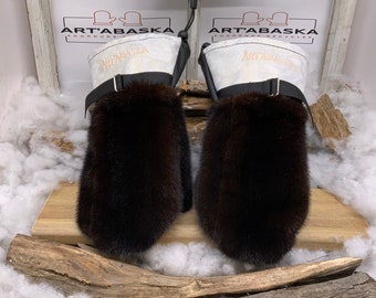 Recycled fur and leather mittens, Les Eva. Size Large