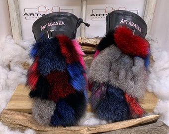 Odette Mittens Large patchwork edition dyed fox and pink rabbit embossed black leather recycled handmade Quebec unique piece