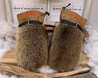 Odette Mittens Large recycled raccoon printed brown leather and recycled brown leather handmade Quebec