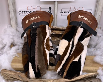 Denise XL Mittens – Recycled patchwork fox fur & brown leather, handmade, unique piece Quebec