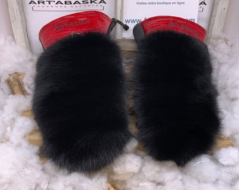 Yvette Mittens X Large – Patchwork black fox recycled antique red and black leather 7:30 p.m. handmade Quebec unique piece