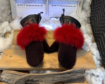 Recycled fur and leather mittens, Les Albertine Medium size