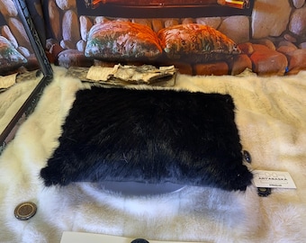 Recycled fur cushion – leather & embroidery, unique piece handmade in Quebec